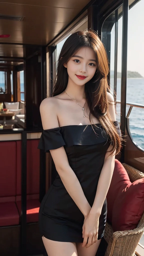 A sweet girl by the yatch luxury at the sea,voluminous hair,Delicate face,Photorealsitic,of a real,largeaperture,wears a black dress luxury,A cropped dress,Off-the-shoulder,A dress around the neck,Slim,smiles,Ultra-high resolution, Blurred background