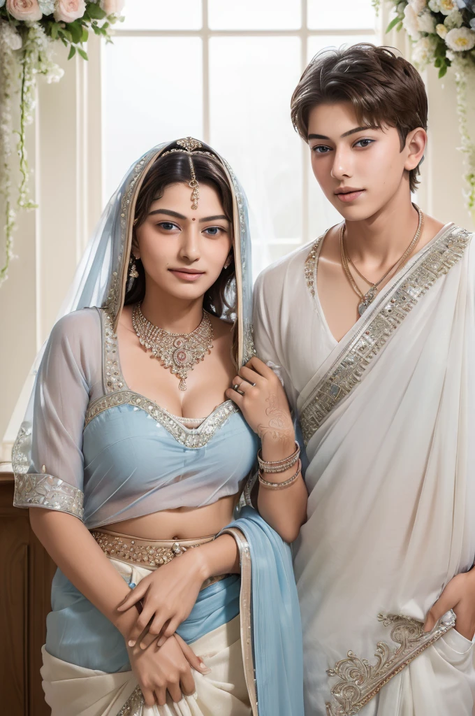 ((Mother and teen son loving couple together:1.9)), (( Fair skinned Indian Mother and teenage  son getting incest marriage picture:1.5)), Ultra detailed photo of a ultra sexual incredibly gorgeous Indian 32 year old sexy angelic supermodel mother bride, ((ultra sexy bridal miniskirt saree:1.5)), mystical lights, backlit, ((very detailed faces)), focus on face, (very deep cleavage:1.5), ink lines, dynamic, modern, awe inspiring, whimsical, complex, dreamlike, magical, visually stunning, high contrast, soft colors, high quality fingers, normal hands, detailed fingers, Absurd resolution, ((high resolution:1.5)), (masterpiece: 1.4), super detailed, (((detailed face, detailed expression)), (realistic, photo-realistic:1.37), (full body:1.5), (masterpiece), best quality, ultra beautiful woman, slender legs, sexy slender legs, thin waist, blonde hair, bright blue eyes, cute round ass, with a fun quirky smile, unbuttoned blouse, view from the front