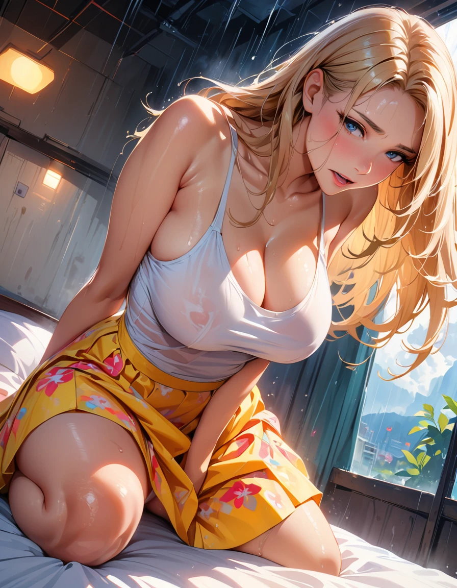 Misato katsuragi, medium breasts, erect nipples under shirt, open shirt, unzipped shorts, pussy, pussy juice, pubic hair, lying on the floor, eyen wide open, after party
