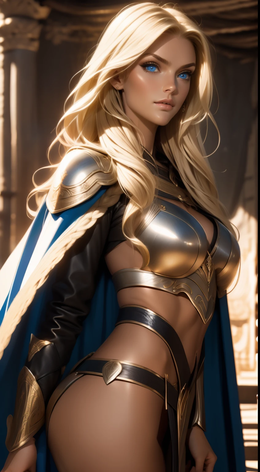 Gorgeous Woman, Valkyrie, Long blonde hair, blue eyes, detailed facial features, proportional hands, proportional fingers, leather armor, fur cape, viking ship,