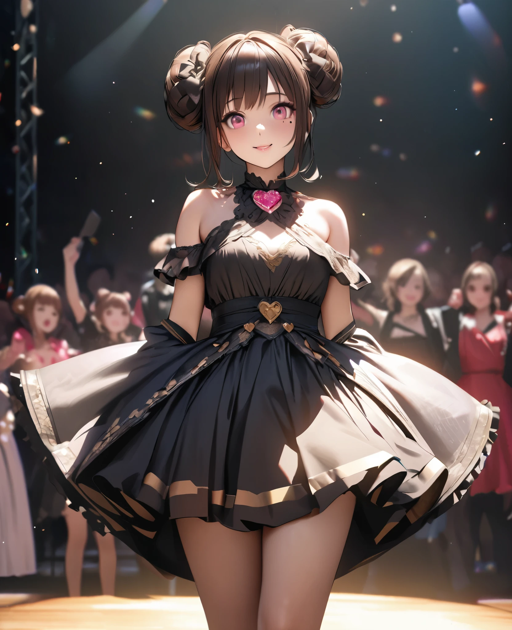 One Girl、Looking at the audience、lovely,
Beautiful pink eyes、Two brown double hair buns , Mole under the eye、Plump and glossy lips、Heart-shaped choca、Idol、Her name is Rico,smile、ー、。.。.。.。.。.。.。.。.。.。.。.。.。.。.。.。.。.。.3D、Realistic、
off shoulder dress, Drape clothes、gem、The decoration has been removed、Floral、Lace trim,On a glittering stage、
masterpiece、highest quality、8k、Detailed skin texture、Detailed cloth texture、Beautifully detailed face、Intricate details、Very detailed、
超A high resolution、8k Ultra HD、Film Grain、Best Shadow、delicate、Gazing at the audience、front