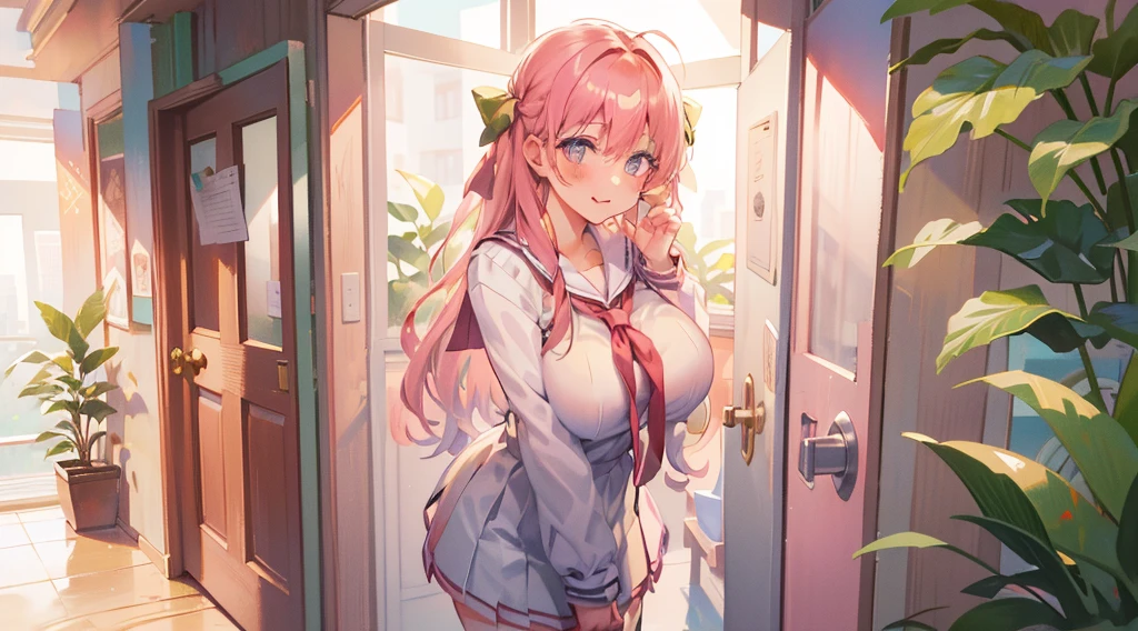 (Masterpiece), Best quality, Ultra-high resolution, detailed structure, Detailed architecture, (Warm pastel colors), indoor,Pink long hair girl standing outside the door, plant, Stamens, (morning time:1.5), City view