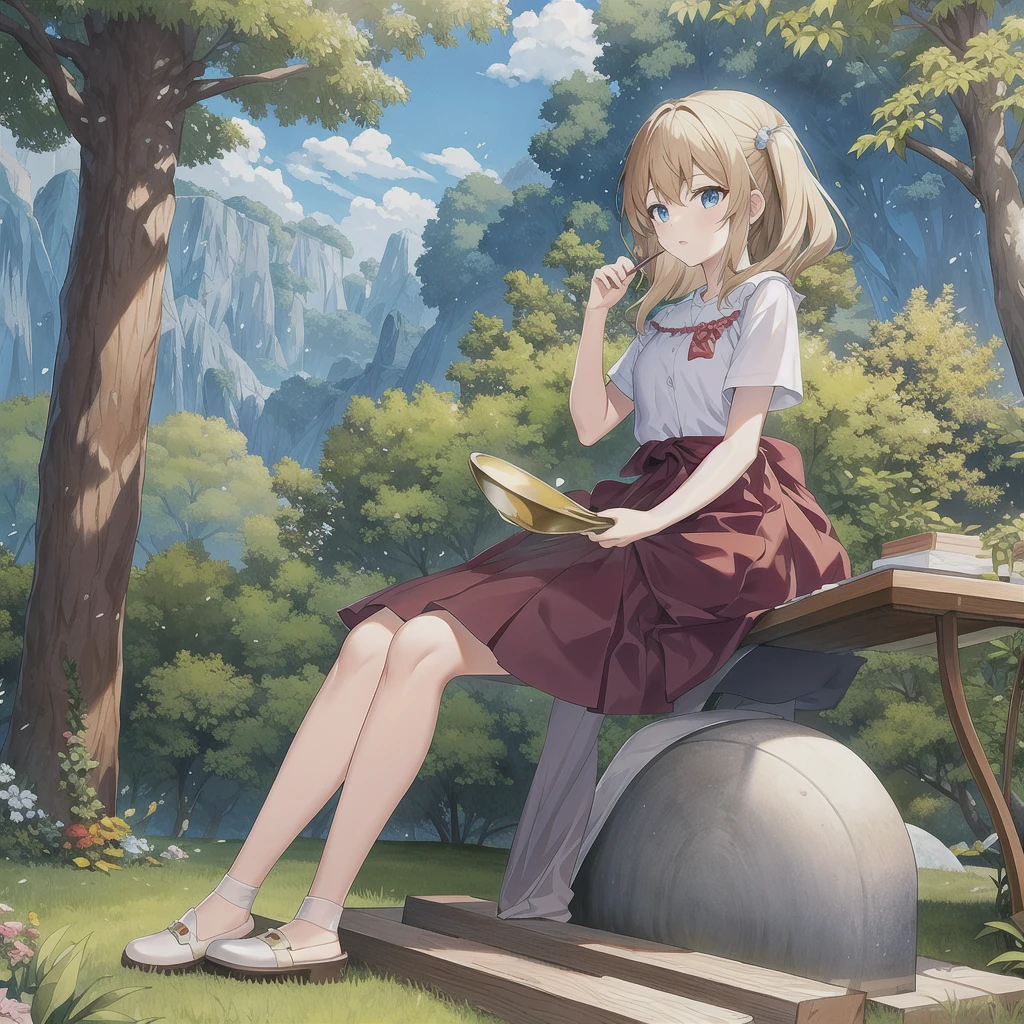 (masterpiece, top quality, best quality, official art, beautiful), At the forest, a trumpet on the ground