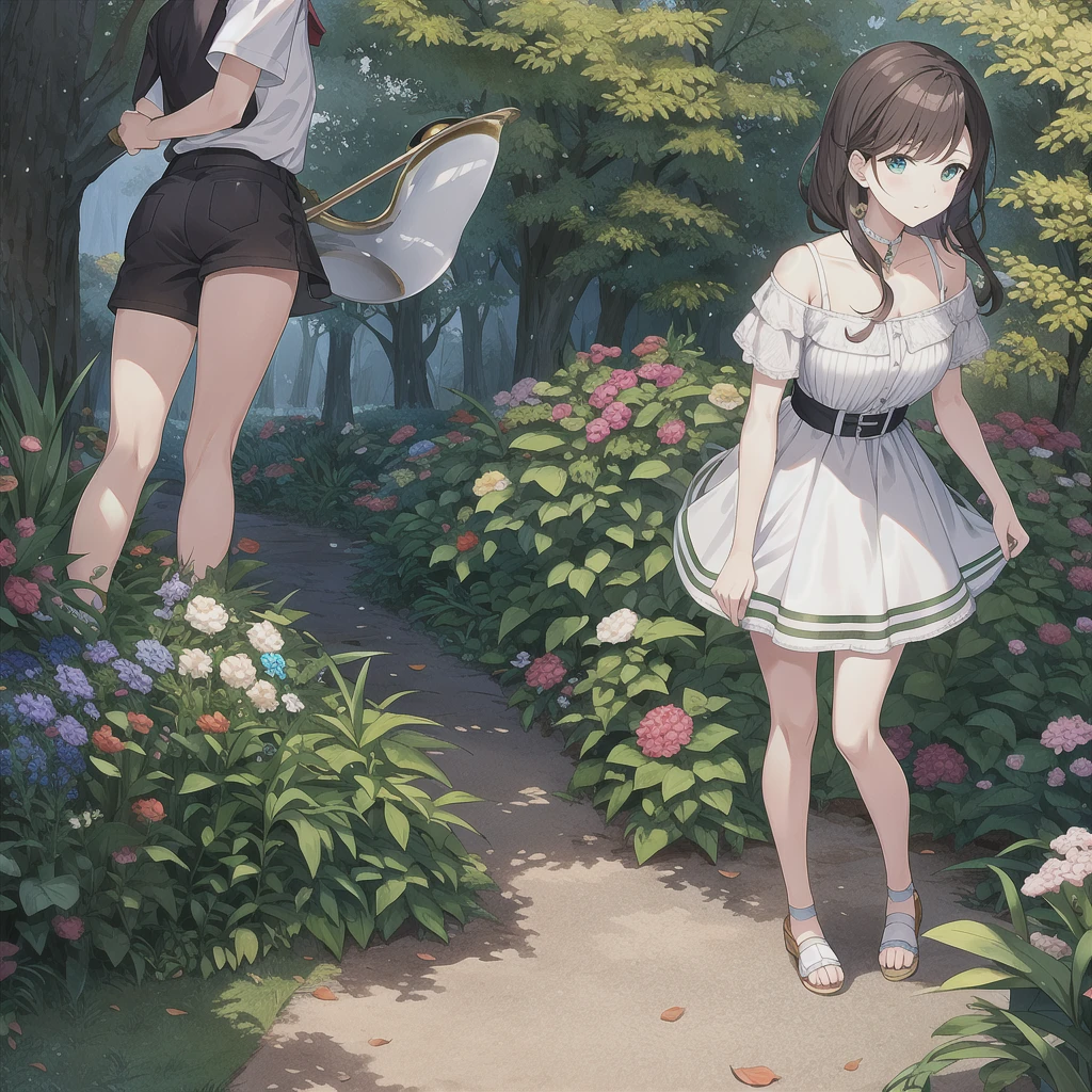 (masterpiece, top quality, best quality, official art, beautiful), At the forest, a trumpet on the ground
