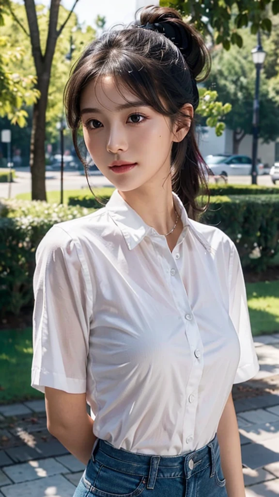 White collared shirt,jeans,outdoors,Urban Park,On the lawn,One woman,close up face,fully body photo,masutepiece, The highest image quality, High quality, the background is clear,Beautiful woman, Japanese, Detailed, Ultra-detailed, finely detail, hight resolution, 8K Wallpaper, Perfect dynamic composition, Beautiful detailed eyes ,Detailed eyes, Detailed skin, Beautiful skin, 超hight resolution, (reality: 1.4),Very beautiful woman, Slightly younger face, Beautiful skin, slender, (Ultra photo realsisim), (hight resolution), (8K), (Very detailed) (beautifully detailed eyes), (super detailed), (Detailed face), view the viewer, Fine details, Detailed face, Staring straight ahead, Staring straight ahead, photos realistic, Bright lighting, Professional Lighting, Black hair,poneyTail,a baby face,sixteen years old,Hairstyle: ponytail,Long ponytail hairstyle,slight smile,