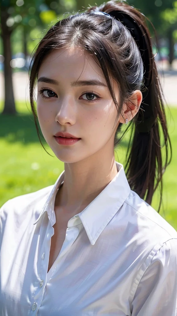 White collared shirt,jeans,outdoors,Urban Park,On the lawn,One woman,close up face,fully body photo,masutepiece, The highest image quality, High quality, the background is clear，Beautiful woman, Japanese, Detailed, Ultra-detailed, finely detail, hight resolution, 8K Wallpaper, Perfect dynamic composition, Beautiful detailed eyes ,Detailed eyes, Detailed skin, Beautiful skin, 超hight resolution, (reality: 1.4),Very beautiful woman, Slightly younger face, Beautiful skin, slender, (Ultra photo realsisim), (hight resolution), (8K), (Very detailed) (beautifully detailed eyes), (super detailed),   (Detailed face), view the viewer, Fine details, Detailed face, Staring straight ahead, Staring straight ahead, photos realistic, Bright lighting, Professional Lighting, Black hair,poneyTail,a baby face,sixteen years old,Hairstyle: ponytail,Long ponytail hairstyle,slight smile,