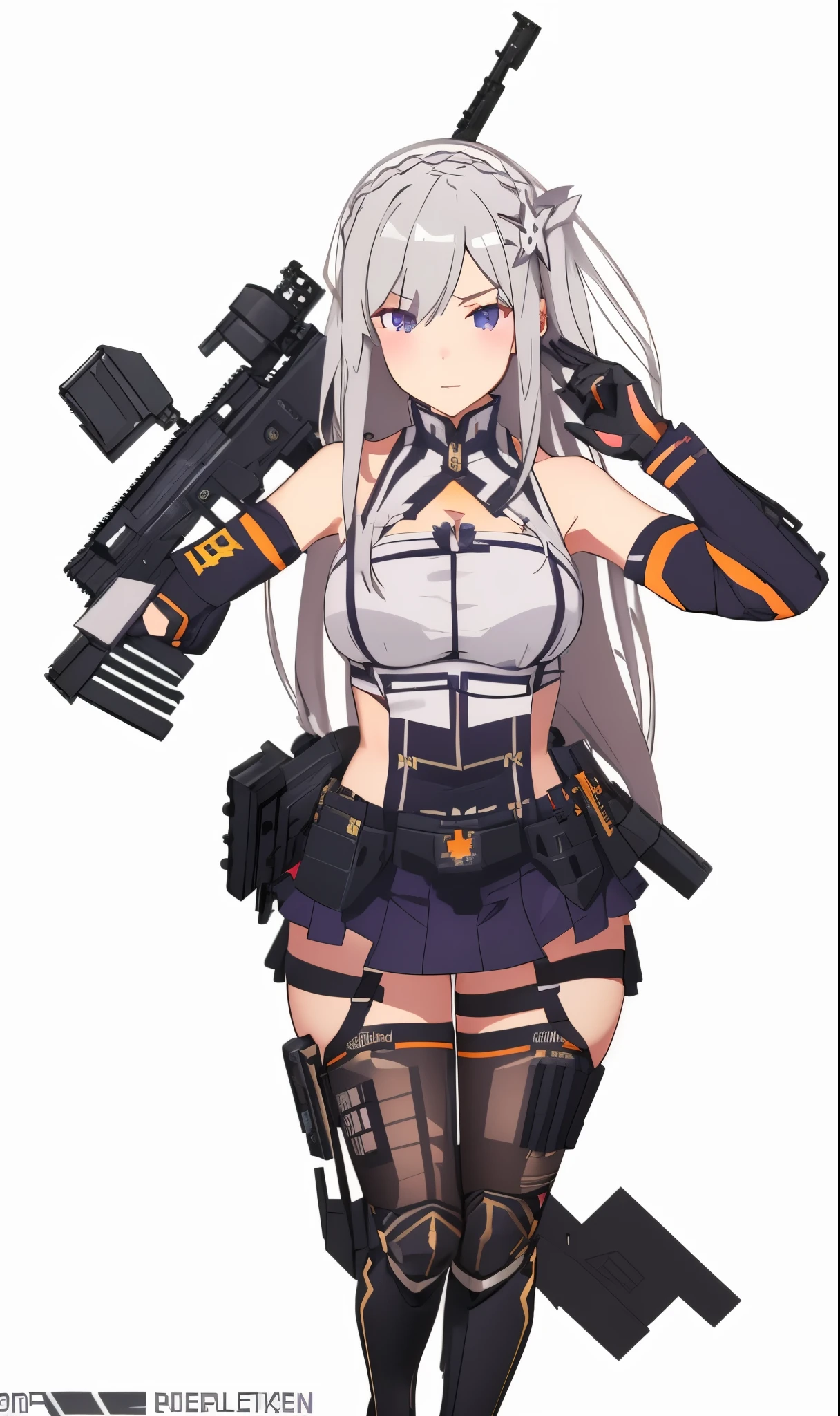 Emilia re:zero, purple eyes, Emilia, crown braid, x hair ornament, flower hair ornament, white hair, long hair, medium breasts, panties, thong, transparent leggings, a woman in a bikini top holding a gun and wearing a helmet, m4 sopmod ii girls frontline, from girls frontline, bikini + tattered military gear, fine details. girls frontline, girls frontline style, mechanized soldier girl, cushart kenz, girls frontline cg, render of april, infantry girl, kantai collection style, girls frontline, soldier girl