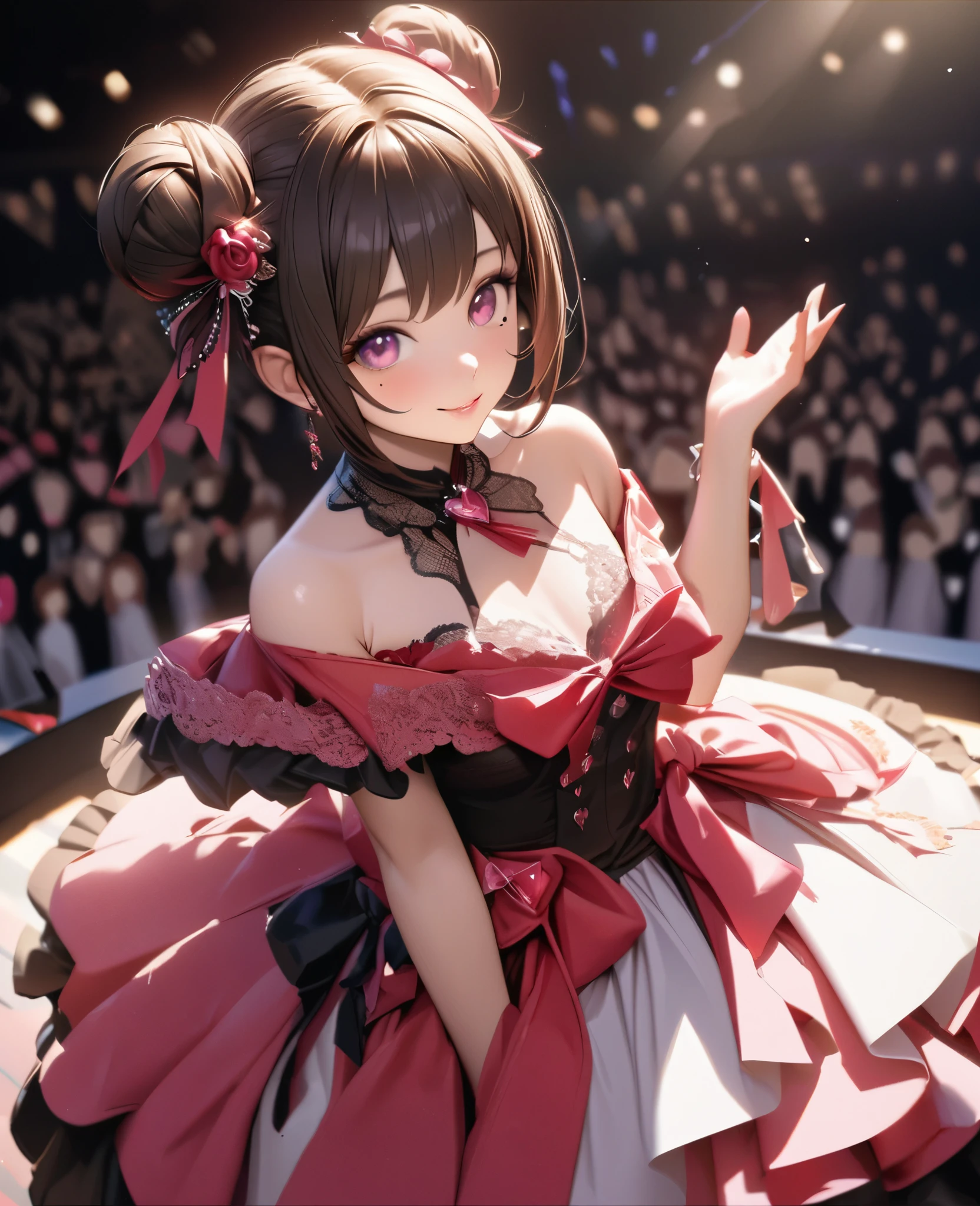 One Girl、Looking at the audience、lovely,
Beautiful pink eyes、Two brown double hair buns , Mole under the eye、Plump and glossy lips、Heart-shaped choca、Idol、Her name is Rico,smile、ー、。.。.。.。.。.。.。.。.。.。.。.。.。.。.。.。.。.。.3D、Realistic、
off shoulder dress, Drape clothes、gem、The decoration has been removed、Floral、Lace trim,On a glittering stage、
masterpiece、highest quality、8k、Detailed skin texture、Detailed cloth texture、Beautifully detailed face、Intricate details、Very detailed、
超A high resolution、8k Ultra HD、Film Grain、Best Shadow、delicate、Gazing at the audience、front