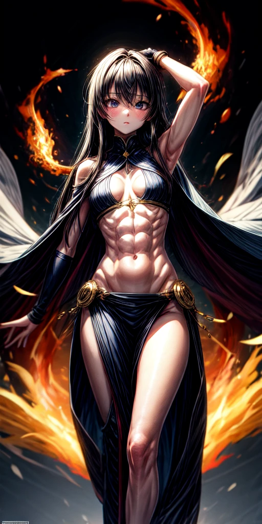 : (((( Limited edition 1girl, medium view, standing, light background)), (no face), (shoulders and up, back to the viewer), (long black hair), (pale skin), ( समझable body minus abdominal section)), (medium breasts), pale skin, powerful physique, burning body, semi-see-through flames, gorgeous glowing flames, powerful pose, ruler pose, beautiful lighting:0.5, no arms visible, camera angle 45 degrees, medium size sword visible in waist, powerful no josei girl varshed back wallpaper:0.7))