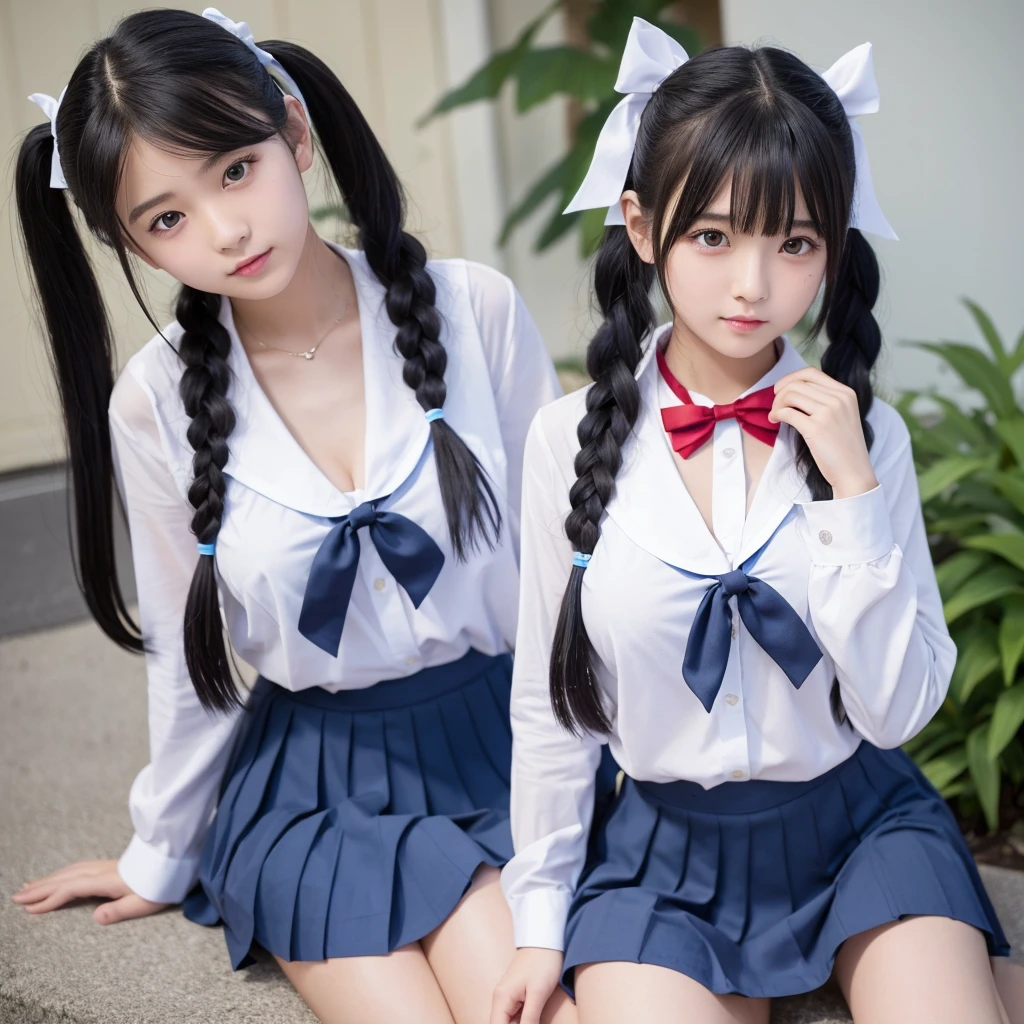 excellent work、HD analysis、Highest level of image quality、16K、reality、1 girl、student、18 years old、Youthful、student、white sailor-suit school uniform、Red bow tie at neckline、（Soft saturation:1.3）、（Light skin tone:1.2）、Full body facing the camera、18mm lens、F/8.0 aperture、Character Close-up、Black hair、black twin-tails hair、Straight Hair、Blue hair ribbon、Blue pleated skirt、（extremely huge breasts:3.0）、Show your legs、Smooth legs