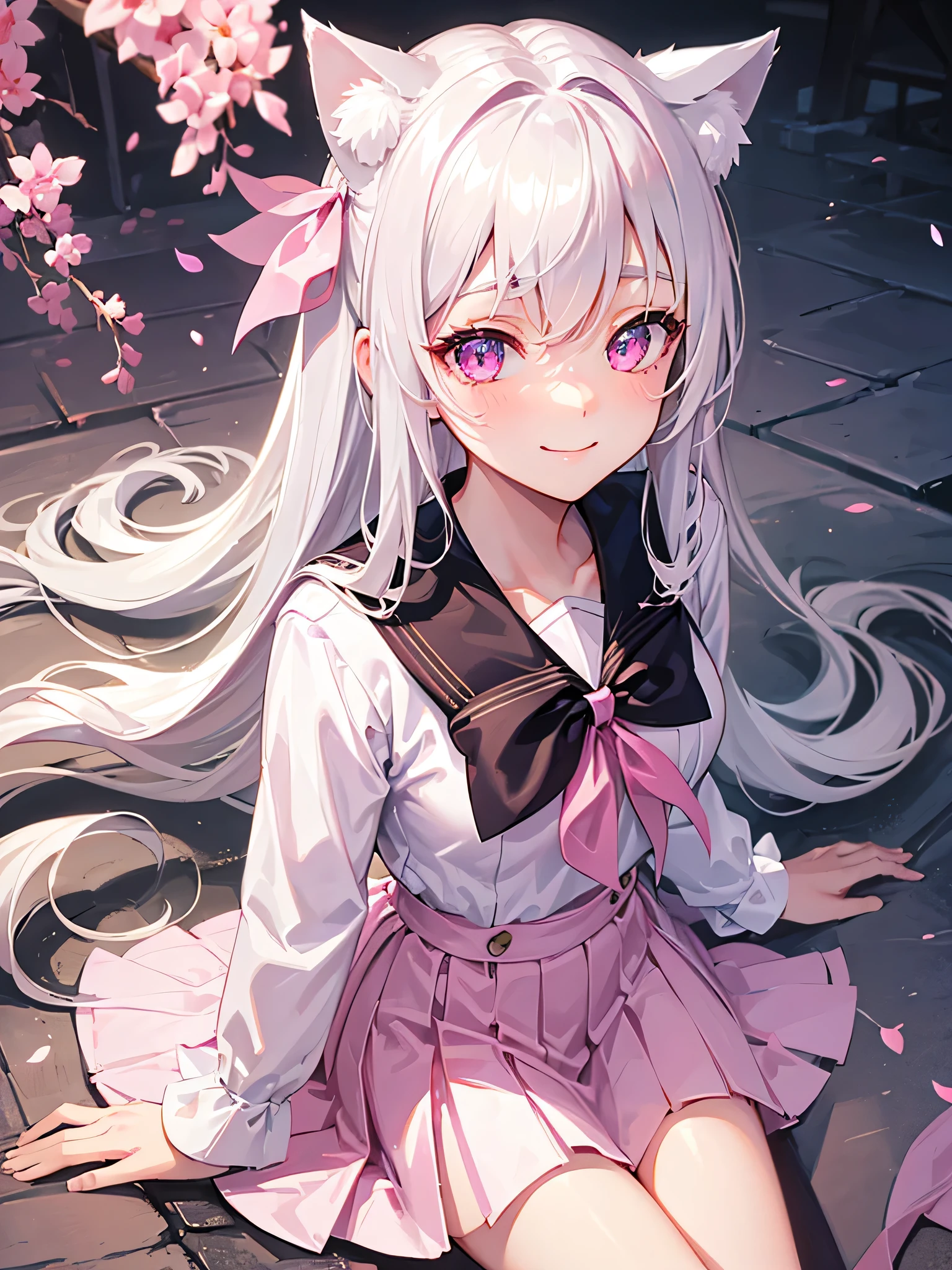 Highly detailed face,fine grain,Highlighted eyes, medium breasts ,pretty girl, smile shyly,Cat ear,Beautiful silver hair,Pink inside,Beautiful pink eyes,shiny skin, beautiful shadow,White sailor uniform,ribbon, I want to send a letter to you

