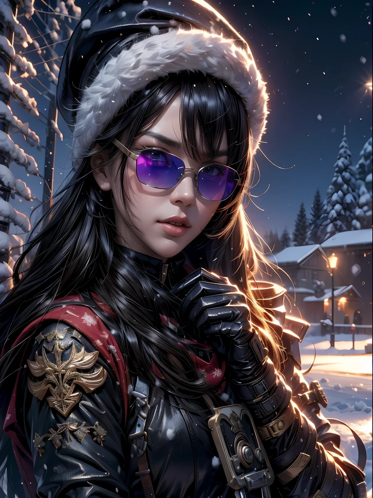 (4K), (best quality), (Best details), (ultra realistic), Kai'sa, russian soldier, winter, snow storm, russian hat, sunglasses, beautiful, soldier's salute, looking at viewer, winter war.