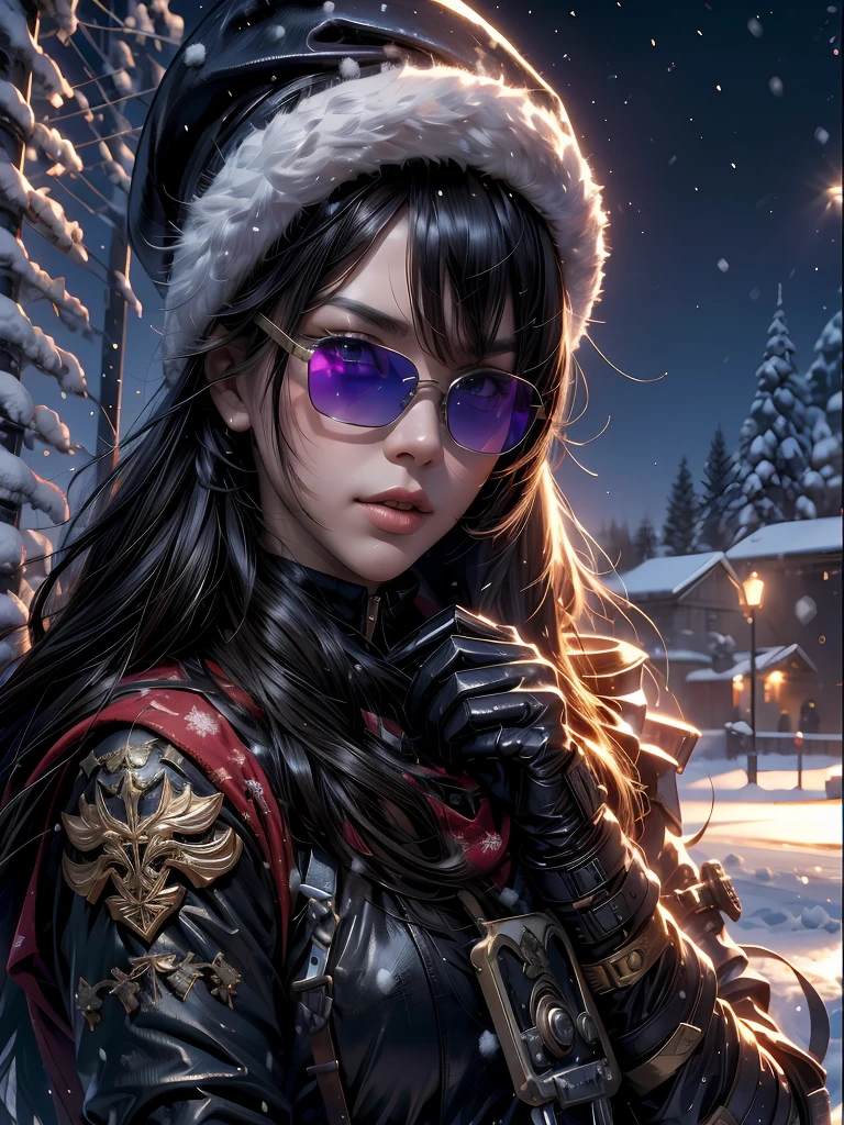 (4K), (best quality), (Best details), (ultra realistic), Kai'sa, russian soldier, winter, snow storm, russian hat, sunglasses, beautiful, soldier's salute, looking at viewer, winter war.