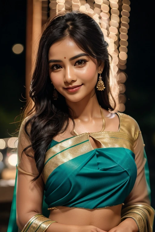 ultrarealistic hires close up photo of a 30-year-old sapa woman, outdoors, realistic skin texture, looking looking at camera, (Chiffon_saree_blouse:1.2), tied up hair, night time, smiling, beautiful bokeh background
