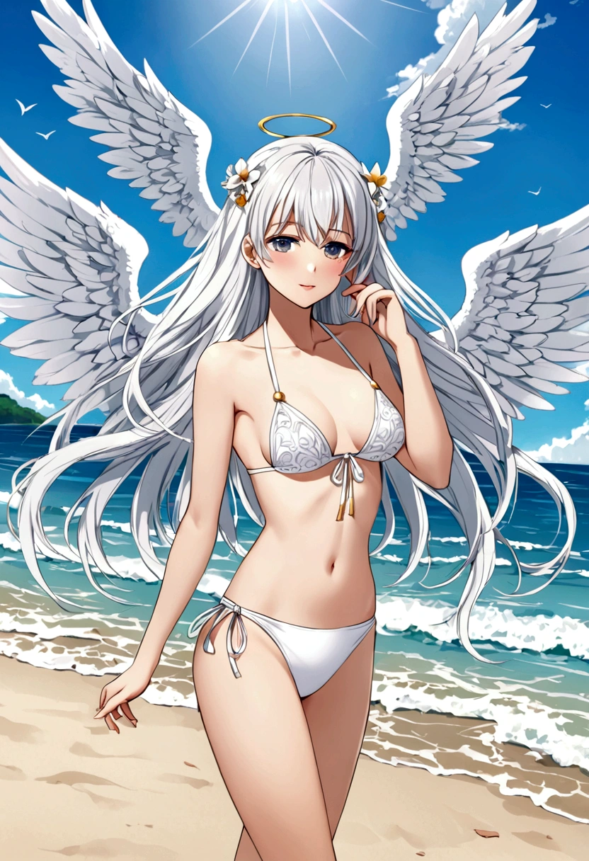 angel girl wearing white bikini at beach