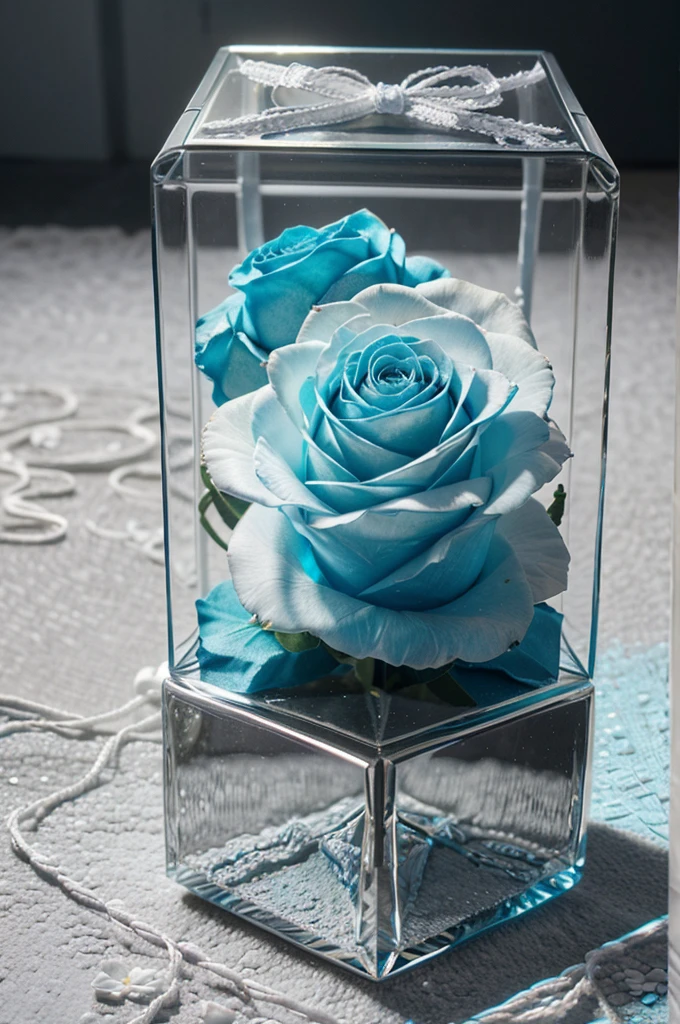 make image of rose flower from minecraft full body with string texture, realistic, real ambient and reflections, Realistic style, batik motif, consists of small 3d cube, enhanced details ((color combination:cyan, black, white, blue))