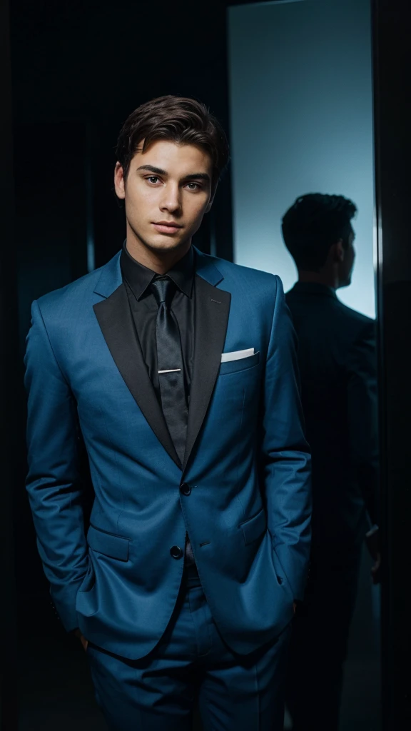 Young Rich man in blue court suite and black background facing straight
