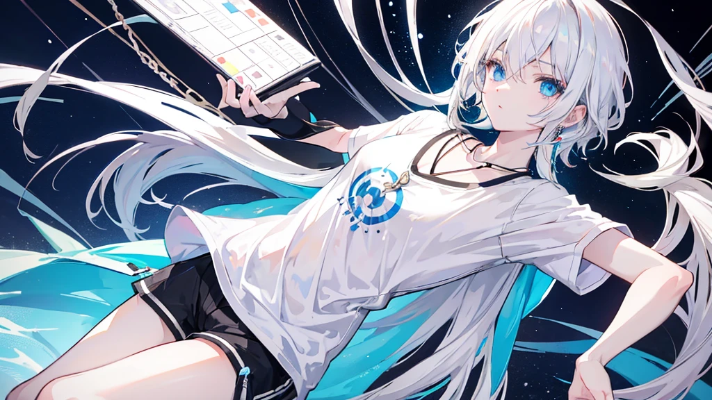 Make up young white haired anime guy, blue eyes, T-shirt Blanc, Black shorts, With necklace and earrings, He&#39;s emo, He has tired eyes, 
