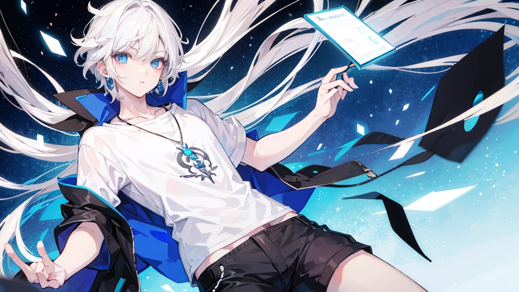 Make up young white haired anime guy, blue eyes, T-shirt Blanc, Black shorts, With necklace and earrings, He's emo, He has tired eyes,