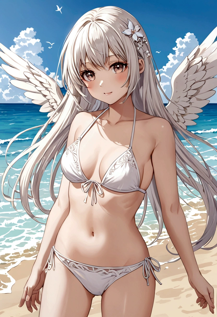 angel girl wearing white bikini at beach
