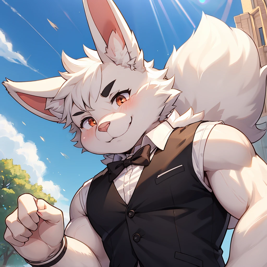 Best quality,Optimal resolution,(fluffy anthro furry :1.6),youth,White Rabbit Boy,Strong，big,Red eyes,Sparkling eyes,Black eyebrow，No hair,Rabbit ears,White rabbit tail,Wear a black sports vest，campus，white sunbeams,outdoor,Happy face,Charming Smile,Heavy breathing,Low angle