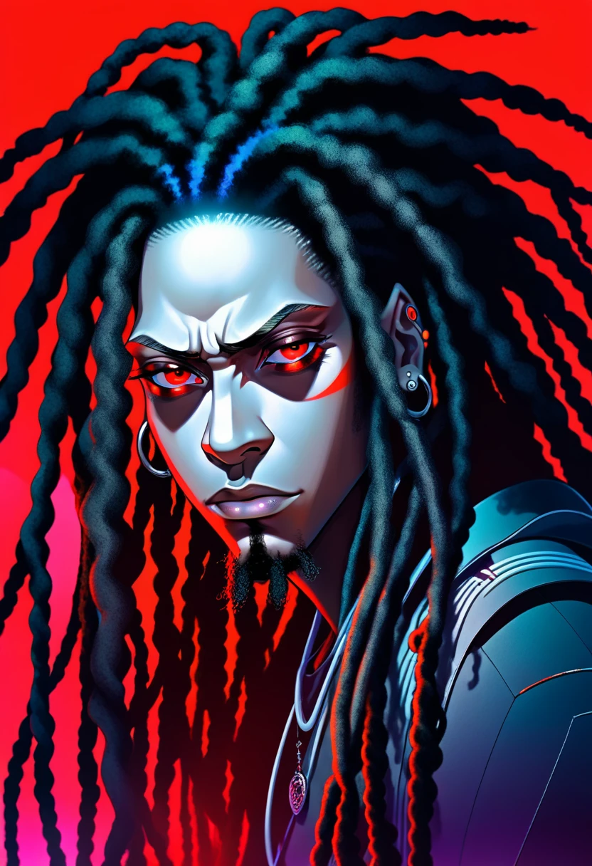 man with red eyes, dreads and cool background