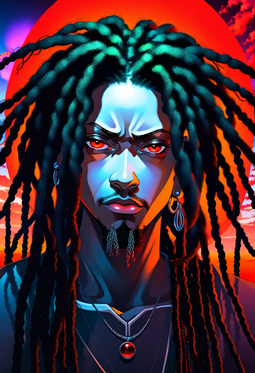 man with red eyes, dreads and cool background 