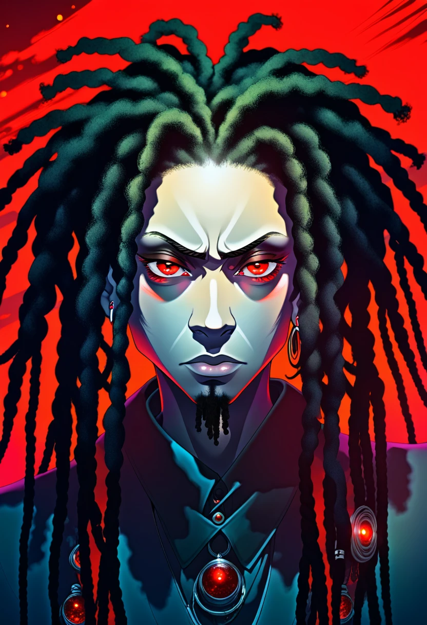 man with red eyes, dreads and cool background