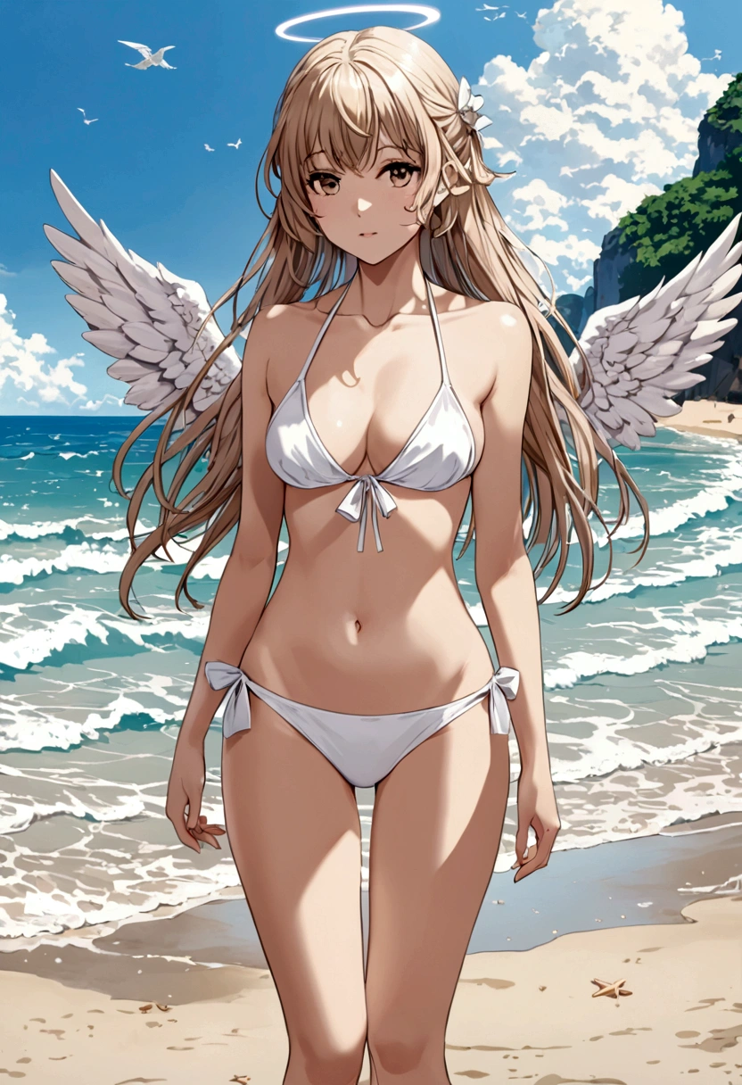levitating in air, clouds, (masterpiece, best quality, illustration), Marin Kitagawa black microbikini, makeup, blond hair, pink eyes, very long hair, hair ribbon, braid, twin braids, cowboy shot, looking at viewer, cleavage, flirting, modest, huge natural breasts, large hips, devil horns and tail, angel wings
