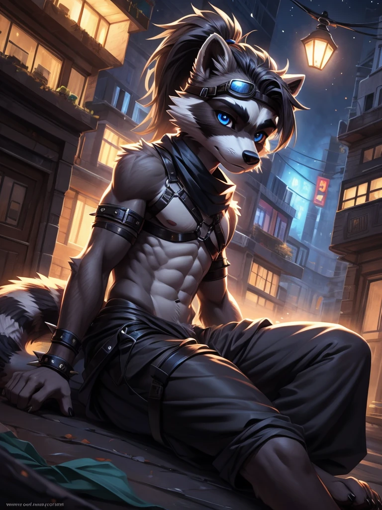 no lighting, deep shadow, dynamic angle, Solo, teen furry, furry, teen, raccoon, grey body, long brown spiked_ponytail, Detailed body fur, long blue scarf, leather_harness, blue_loincloth, goggles, masterpiece, gray body, Detailed face, big eyebrows, blue eyes, detailed eyes, No muscles, Detailed hands, Flat body, Skinny, Detailed paws, metal cuffs on wrists, black baggy pants, no shirt, street, night, no underwear, laying, bored