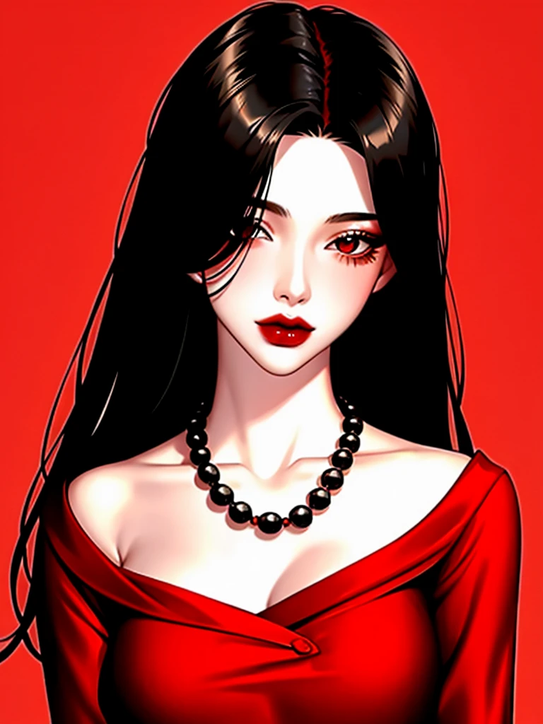 1girl in, Solo, Jewelry, Black hair, Necklace, Red lips, Long hair, lip stick, makeup, Upper body, Closed mouth, Red dress, Hair over one eye, clavicle, Dress,Red Theme,bad-girl, Shiny skin,(maturefemale),