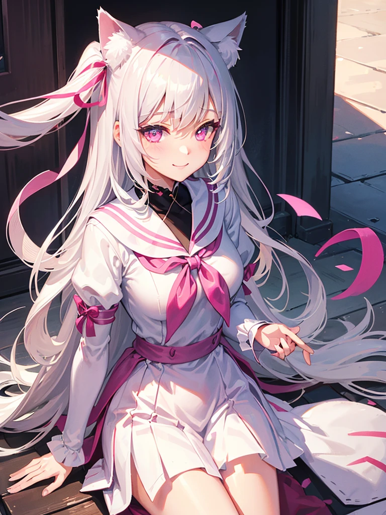 Highly detailed face,fine grain,Highlighted eyes, medium breasts ,pretty girl, smile shyly,Cat ear,Beautiful silver hair,Pink inside,Beautiful pink eyes,shiny skin, beautiful shadow,White sailor uniform,ribbon, I want to send a letter to you
