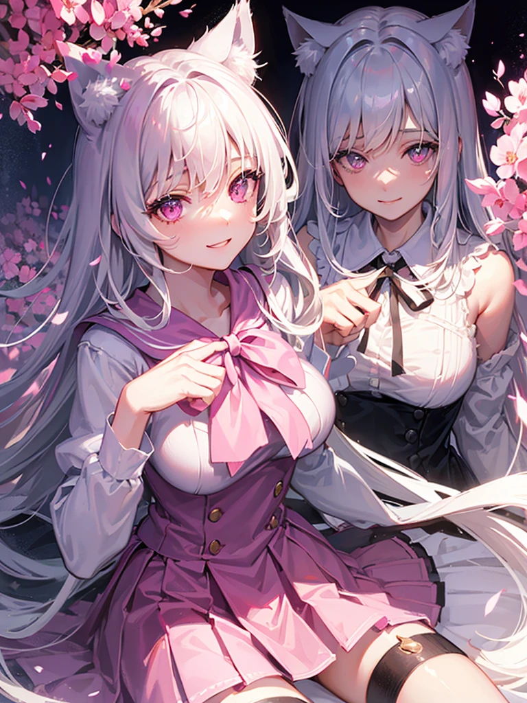 Highly detailed face,fine grain,Highlighted eyes, medium breasts ,pretty girl, smile shyly,Cat ear,Beautiful silver hair,Pink inside,Beautiful pink eyes,shiny skin, beautiful shadow,White sailor uniform,ribbon, I want to send a letter to you
