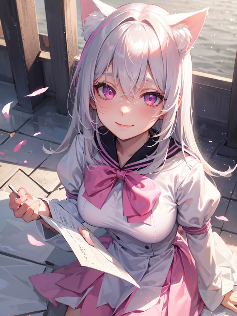 Highly detailed face,fine grain,Highlighted eyes, medium breasts ,pretty girl, smile shyly,Cat ear,Beautiful silver hair,Pink inside,Beautiful pink eyes,shiny skin, beautiful shadow,White sailor uniform,ribbon, I want to send a letter to you

