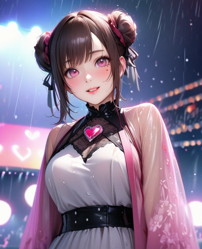 One Girl、Looking at the audience、lovely,
Beautiful pink eyes、Two brown double hair buns , Mole under the eye、Plump and glossy lips、Heart-shaped choca、Idol、Her name is Rico,smile、ー、。.。.。.。.。.。.。.。.。.。.。.。.。.。.。.。.。.。.3D、Realistic、
The idol's costume was soaked in the heavy rain, and her chest was wet and transparent.Heavy rain at outdoor concert, Drape clothes、gem、The decoration has been removed、Floral、Lace trim,On a glittering stage、
masterpiece、highest quality、8k、Detailed skin texture、Detailed cloth texture、Beautifully detailed face、Intricate details、Very detailed、
超A high resolution、8k Ultra HD、Film Grain、Best Shadow、delicate、Gazing at the audience、front