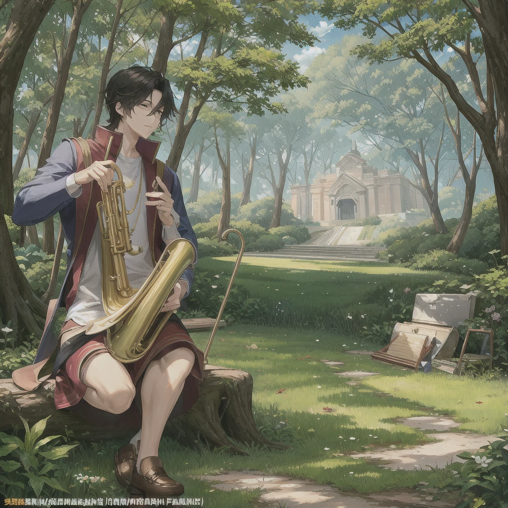 (masterpiece, top quality, best quality, official art, beautiful), At the forest, a trumpet on the ground