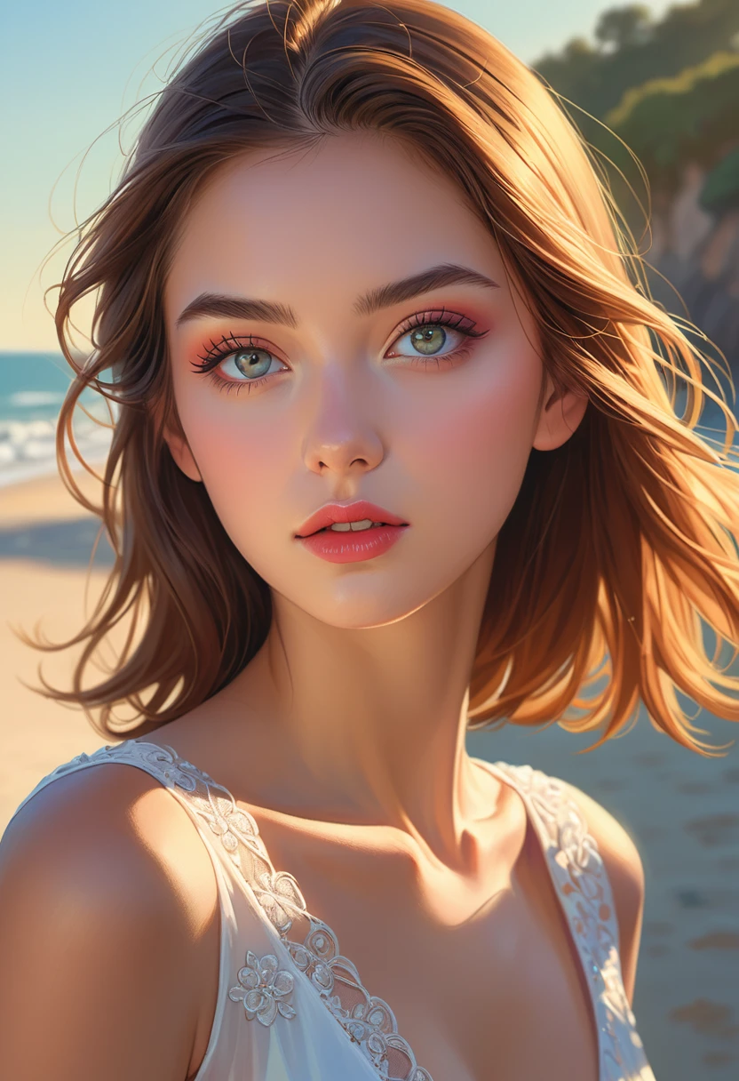lndswgnr_Version 1.0, (Sharp focus: 1.5), (Sharp focus:1.2), Portrait, huhtractive young woman, (Pretty face:1.1), Delicate eyes, Sweet lips, (Eye makeup:1.2), (Tight body:1.2), Wear (Gorgeous dress:1.2) huh (beach:1.2). (Morning sunlight lighting:1.2), Depth of Field, Blur, 4K, High-density imaging review. By (James S. Christensen:1.2|Jeremy Lipkin:1.1).