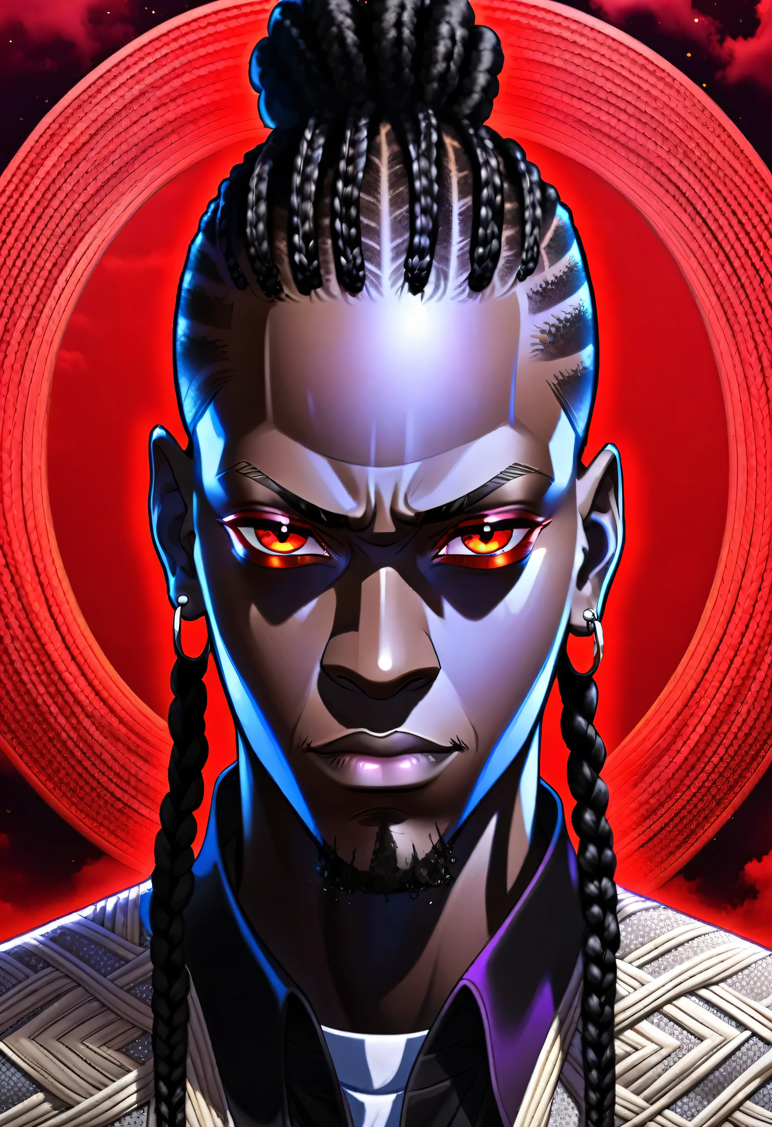 black man with red eyes, cornrows and cool background 