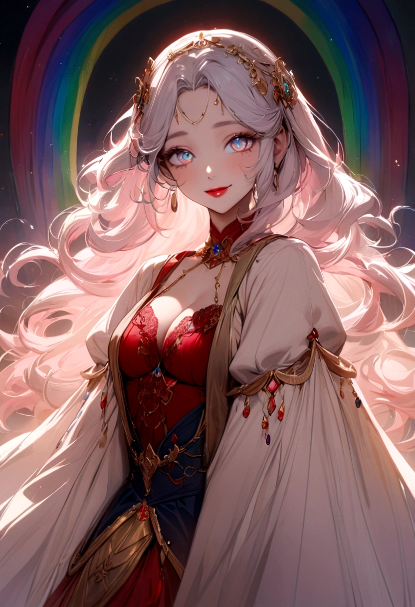 rainbow, cleavage, pink hijabi, Absurd, ultra-detailed, high quality, masterpiece, detailed face, beautiful eyes(detailed eyes), javanese, red lips, red lace bra. gentle and graceful, face exudes warmth and kindness, eyes described as soft and comforting, gentle and steady gaze, overall appearance is simple and modest, The fabric of her garments is usually depicted as soft and earth-toned, beauty lies not in extravagant adornments, Her smile is serene and welcoming