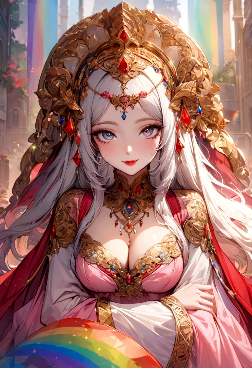 rainbow, cleavage, pink hijabi, Absurd, ultra-detailed, high quality, masterpiece, detailed face, beautiful eyes(detailed eyes), javanese, red lips, red lace bra. gentle and graceful, face exudes warmth and kindness, eyes described as soft and comforting, gentle and steady gaze, overall appearance is simple and modest, The fabric of her garments is usually depicted as soft and earth-toned, beauty lies not in extravagant adornments, Her smile is serene and welcoming