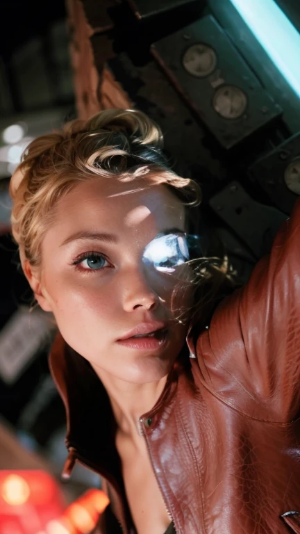 Blonde woman in leather jacket leaning on a wall with a neon light, Kristanna Loken, fatalidad cara hermosa