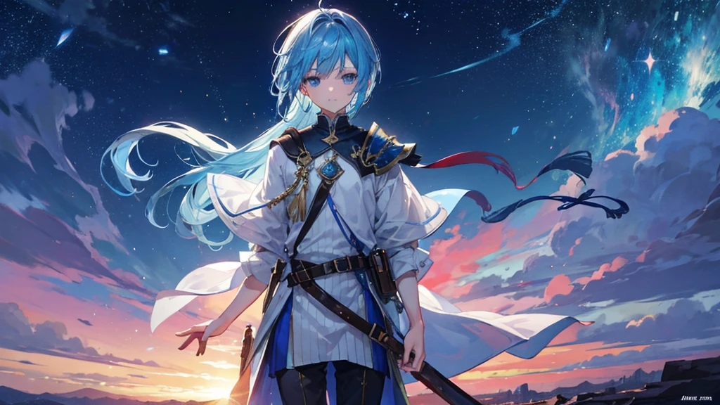 Beautifully drawn, high quality, Fantasy、A highly detailed anime illustration of a young man with a calm expression, Staring into the distance with striking light blue hair blowing in the desert breeze. The view behind him is vast and breathtakingly beautiful., Immerse your audience in a world of wonder and exploration.