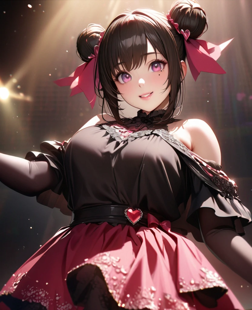 One Girl、Looking at the audience、lovely,
Beautiful pink eyes、Two brown double hair buns , Mole under the eye、Plump and glossy lips、Heart-shaped choca、Idol、Her name is Rico,smile、ー、。.。.。.。.。.。.。.。.。.。.。.。.。.。.。.。.。.。.3D、Realistic、
off shoulder dress, Drape clothes、gem、The decoration has been removed、Floral、Lace trim,On a glittering stage、
masterpiece、highest quality、8k、Detailed skin texture、Detailed cloth texture、Beautifully detailed face、Intricate details、Very detailed、
超A high resolution、8k Ultra HD、Film Grain、Best Shadow、delicate、Gazing at the audience、front