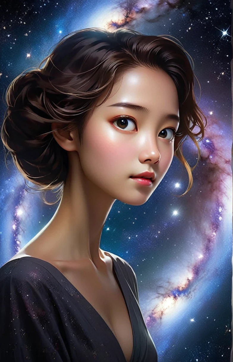 Woman looking through a portal into the galaxy, She walks beautifully, Like cloudless weather and starry nights; and、The best of dark and light is reflected in her face and eyes.; Thus, softened by the gentle light、Heaven is a flashy day々Denying the mirror image