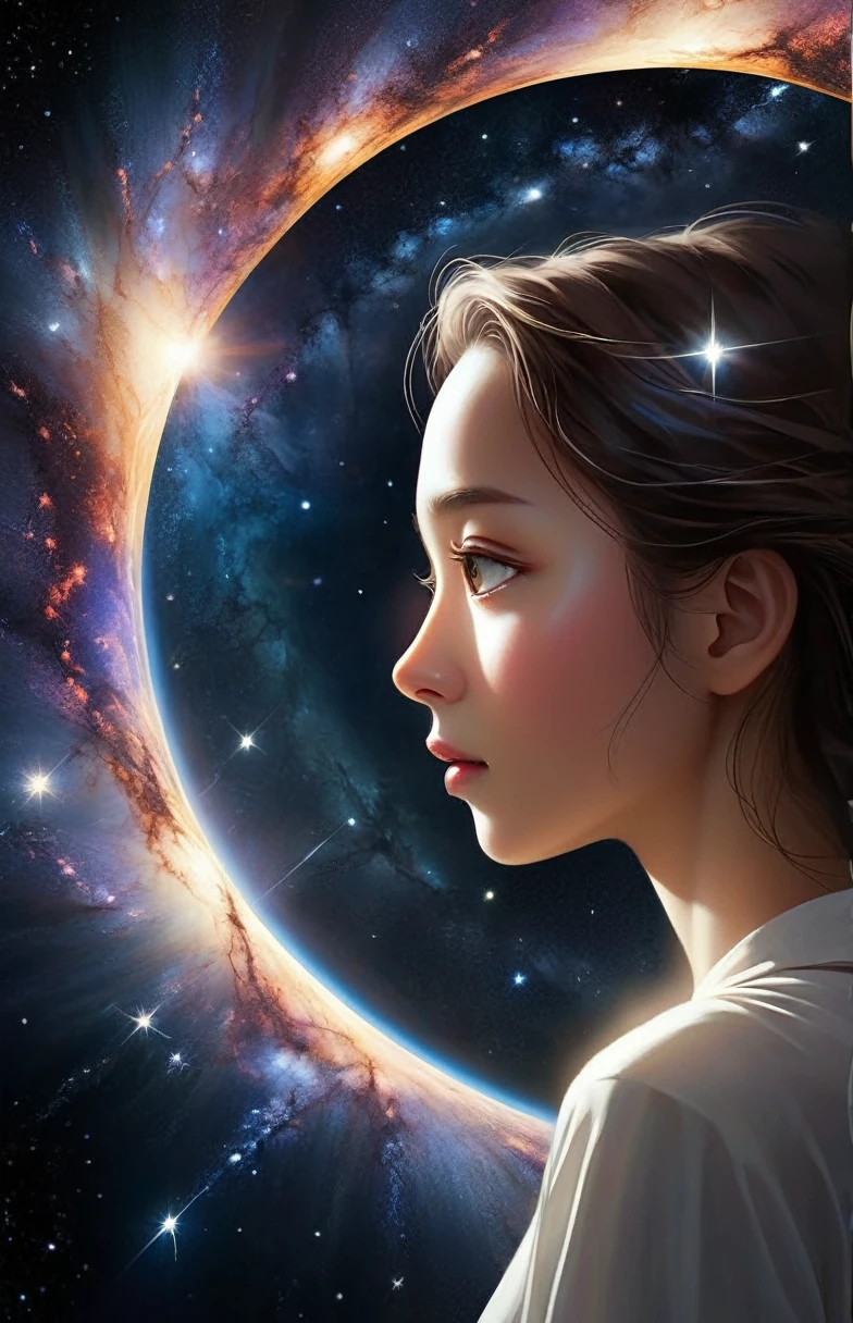 Woman looking through a portal into the galaxy, She walks beautifully, Like cloudless weather and starry nights; and、The best of dark and light is reflected in her face and eyes.; Thus, softened by the gentle light、Heaven is a flashy day々Denying the mirror image