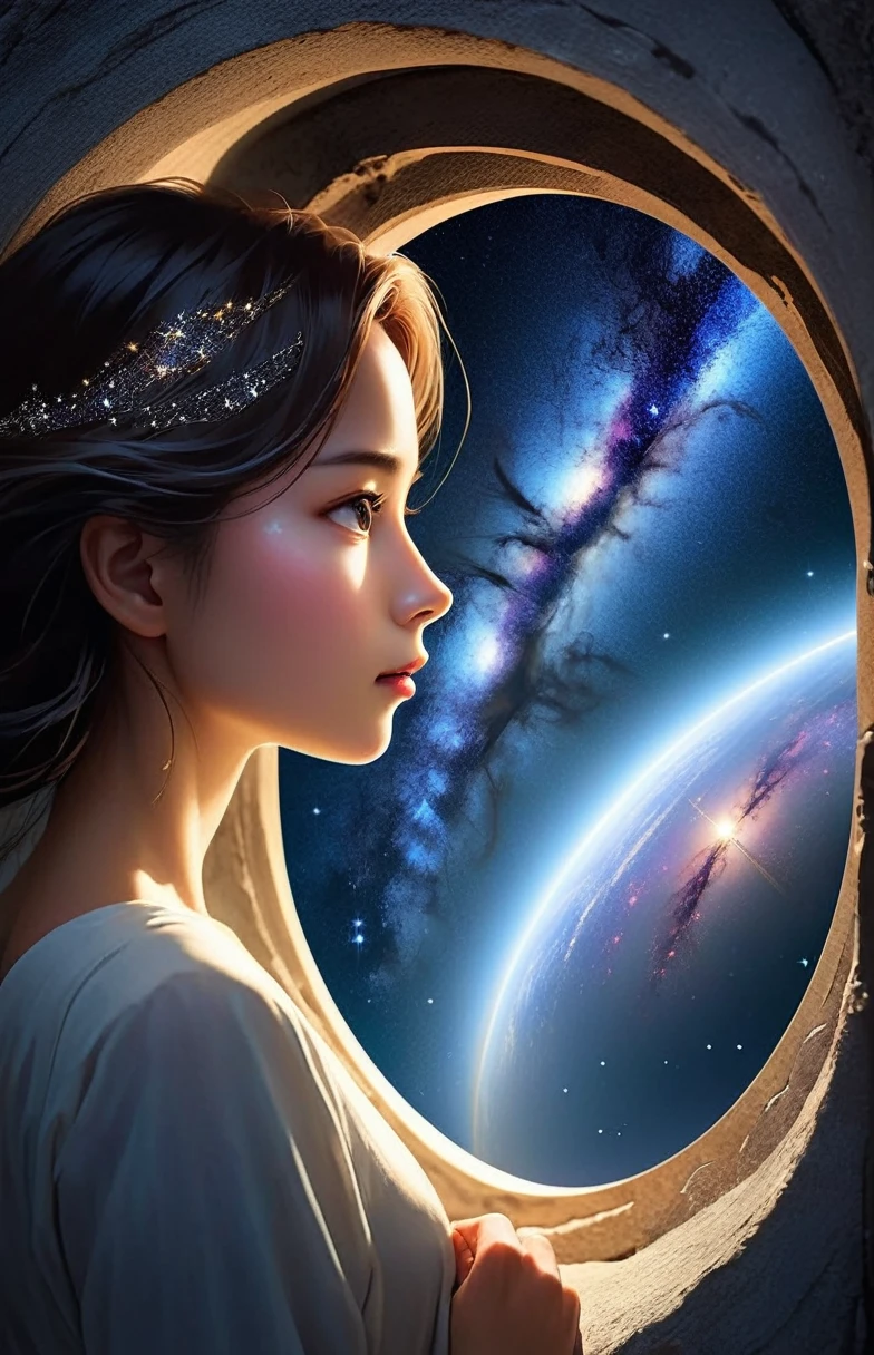 Woman looking through a portal into the galaxy, She walks beautifully, Like cloudless weather and starry nights; and、The best of dark and light is reflected in her face and eyes.; Thus, softened by the gentle light、Heaven is a flashy day々Denying the mirror image  