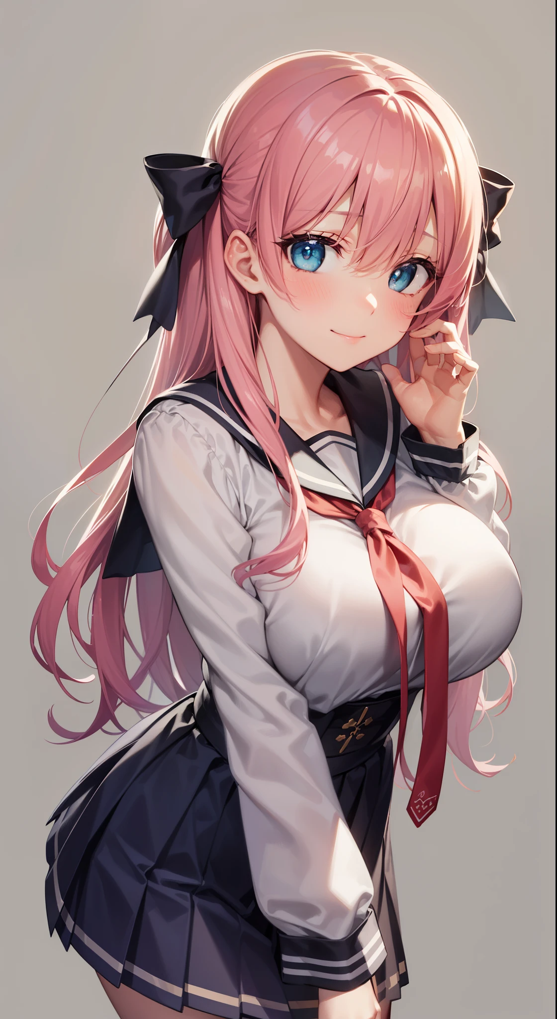 （shy：1.5），Blushing，（Blushing face:1.3），Perfect hands，（Blush：2），Yuokahara Village, Notaka Haramura, blue eyes, Hair bow, Long hair, Pink Hair, bow,
Blake Blue skirt, Clarification , Pleated Skirt, , Seraph, skirt, looking at viewer, best quality, high resolution, Unity 8k Wallpaper, (illustration:0.8), (Beautiful and delicate eyes:1.6), The face is rich in detail, Perfect lighting, Extremely detailed CG, (Perfect hands, Perfect anatomical structure),Charming smile,Solid color background，Gray background