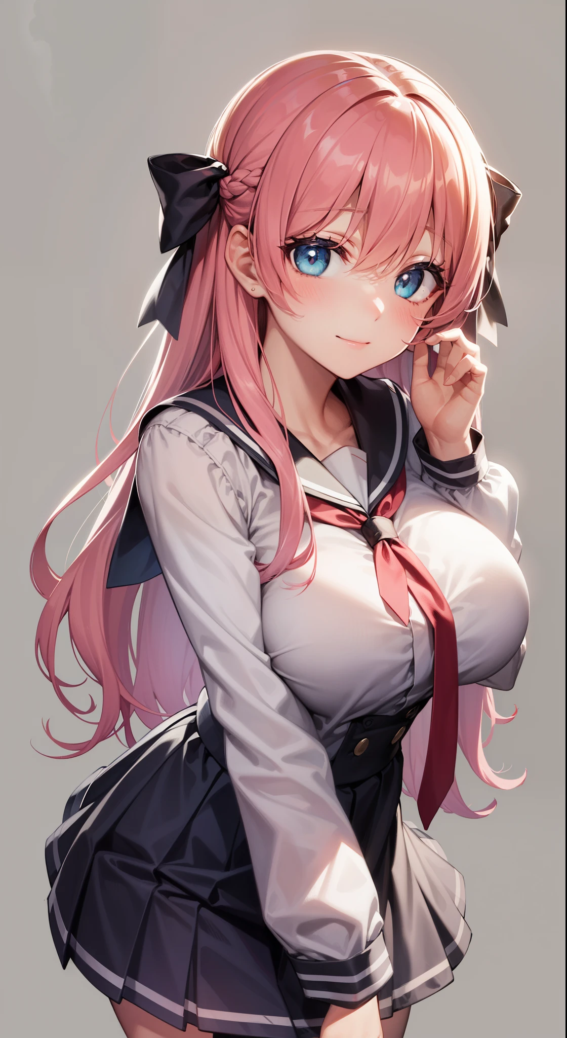 (shy:1.5),Blushing,(Blushing face:1.3),Perfect hands,(Blush:2),Yuokahara Village, Notaka Haramura, blue eyes, Hair bow, Long hair, Pink Hair, bow,
Blake Blue skirt, Clarification , Pleated Skirt, , Seraph, skirt, looking at viewer, best quality, high resolution, Unity 8k Wallpaper, (illustration:0.8), (Beautiful and delicate eyes:1.6), The face is rich in detail, Perfect lighting, Extremely detailed CG, (Perfect hands, Perfect anatomical structure),Charming smile,Solid color background,Gray background