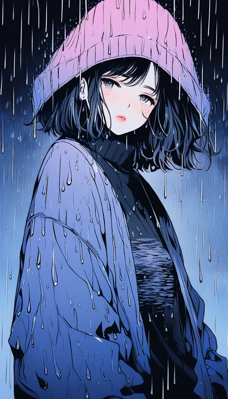 Illustrator, anime , Realistic ,sketch , Abstract rain on background、1 girl, ,lip, sweater,order, Black gradient background, black髪,Short Bob、blacktshirt、Textured Trim, Canadian, (masterpiece,Highest quality) Cancer