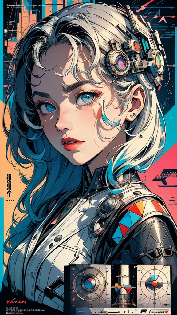 (((masterpiece, highest quality))),(((solo:1.2))),(((1girl:1.2))),32k wallpaper, very detailed, poster, vintage science fiction, 1960s,(((((geometric cinematic movie poster))))), (bauhaus), shape,(((abstract))), mid century modern, movie poster, vintage, Perfect Lady,1970's, halftone, speech bubble,(((portfolio,Close-up))),(((various angle))),(((bust up))),((highlight)),Vast landscape,((((heterochromia)))),(((complete. detailed face))),(((Extremely talented))),(((most complecated machine)))